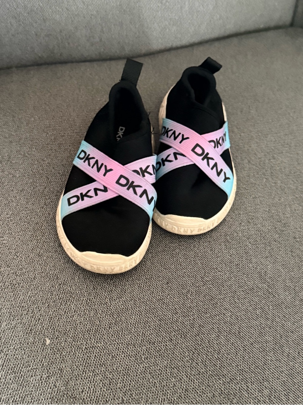 DKNY Black Kids Slip-On Sneakers with Pastel Gradient Logo Straps